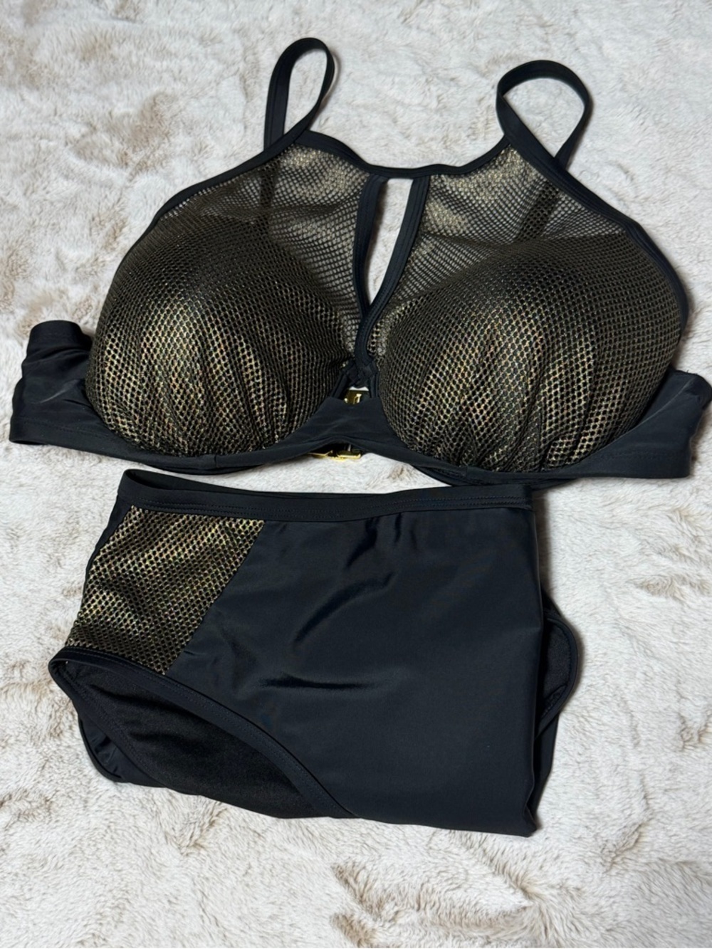 Swimsuits for All Black and Gold Underwire Bikini Top (18) and Bottoms (22)